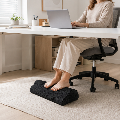 Coussin repose-pieds Nébula Mesh noir sous les pieds d’une femme dans un bureau lumineux
