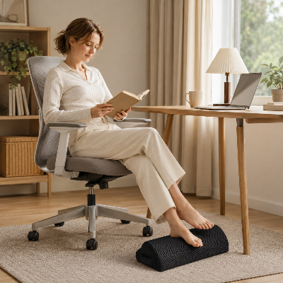 Coussin repose-pieds Nébula Mesh noir sous les pieds dans un espace de travail lumineux