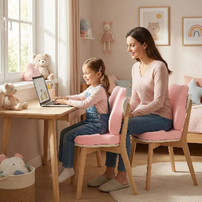coussin de chaise avec fillette jouant sur ordinateur et sa maman assise a coté d'elle