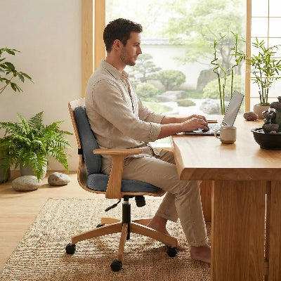 coussin de chaise bleu avec homme devant son ordinateur 