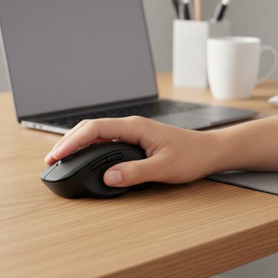 Souris ergonomique sur bureau dans main