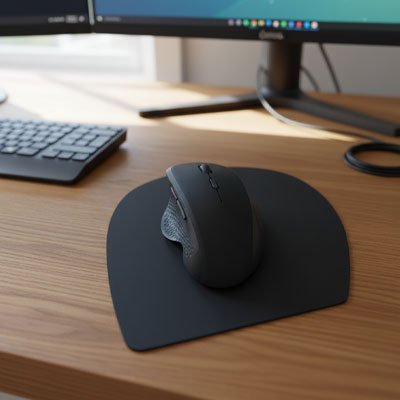 Souris ergonomique vue dessu sur tapis souris