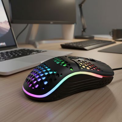 Souris gamer filaire noire à coque ajourée sur un bureau en bois