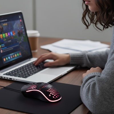Souris gamer filaire noire près d’un ordinateur portable sur un sous-main