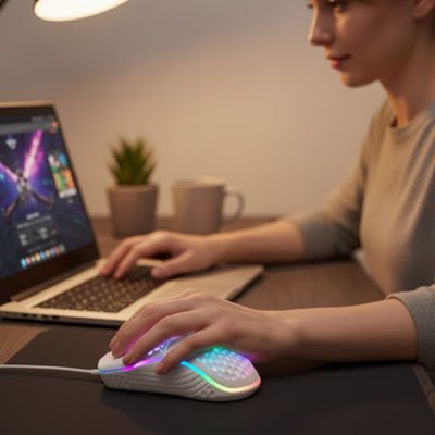 Souris gamer filaire blanche utilisée devant un ordinateur portable