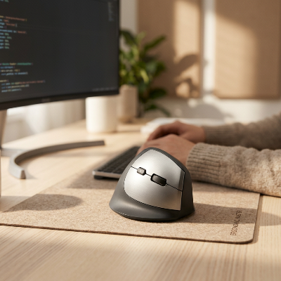 Souris verticale ergonomique ComfortRelief grise posée sur un sous-main devant un clavier et un écran