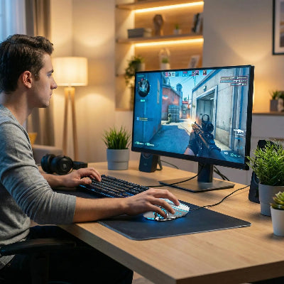 souris gamer sans fil jeunne homme jouant a un jeu shooting