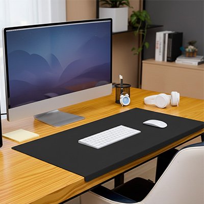Sous-main bureau avec rebord DeskShield noir installé sur un bureau en bois