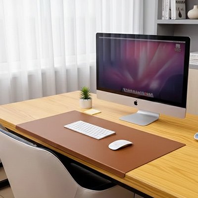 Sous-main bureau avec rebord DeskShield marron dans une installation avec écran, clavier et souris
