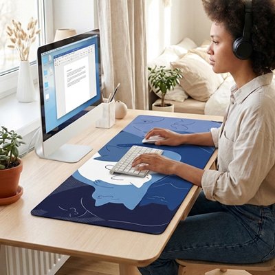 Sous-main bureau Cocon Félin bleu utilisé avec clavier et souris