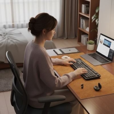 Sous main bureau cuir marron clair femme devant bureau