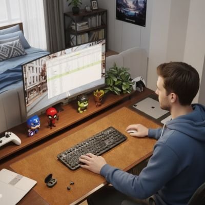 Sous main bureau cuir marron clair homme devant bureau