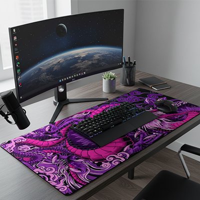Sous-main bureau Dragon Chinois violet et rose avec clavier et souris sur un bureau