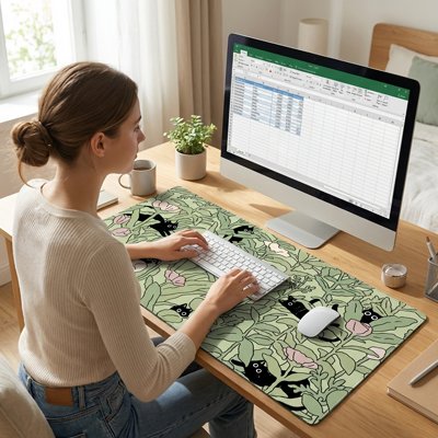 Sous-main bureau Jardin Félin vert avec clavier et souris devant un écran