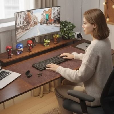 Sous main bureau marron fonce femme devant bureau