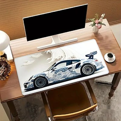 Sous-main bureau voiture Échappée Sportive au décor de nuages devant un écran