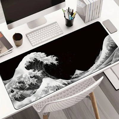 Sous main de bureau Vague Zen noir et blanc avec clavier sur bureau clair