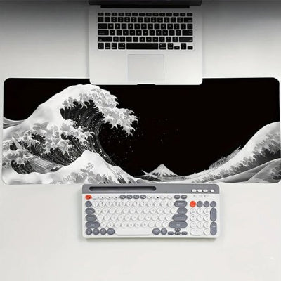 Sous main de bureau Vague Zen entre ordinateur portable et clavier, vu du dessus