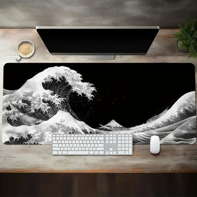 Sous main de bureau Vague Zen avec clavier et souris sur bureau en bois