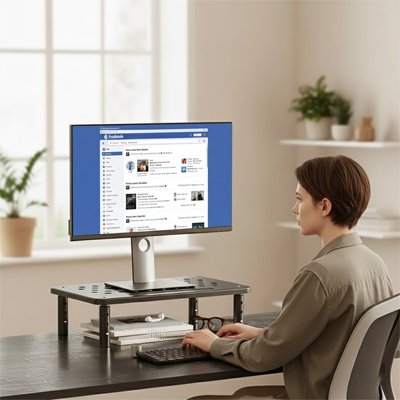 Support ecran PC noir sur bureau avec femme devant