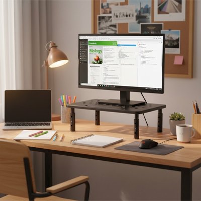 Support ecran PC sur bureau brun 