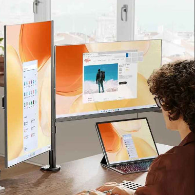support double ecran pc | ProDesk™ femme a son bureau devant les écrans 