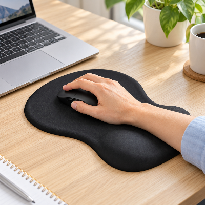Tapis de souris avec repose poignet AppuiCourbe mis en scène avec une main sur la souris près d’un ordinateur portable
