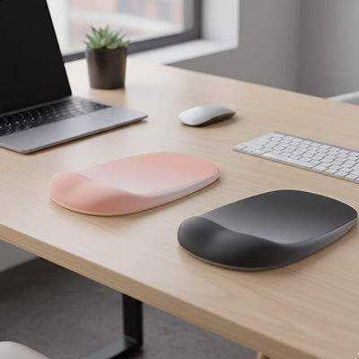 Tapis de souris repose-poignet dégradé Curve Comfort corail et sombre sur un bureau près d’un ordinateur portable