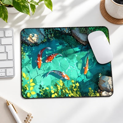 Tapis de souris carpe koï Koï Jardin vu du dessus avec une souris blanche près du clavier.
