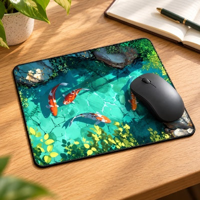 Tapis de souris Koï Jardin sur un bureau en bois avec sa bordure cousue visible.