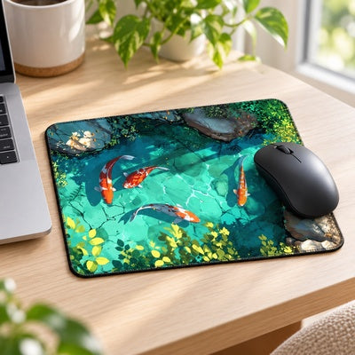 Petit tapis de souris Koï Jardin avec une souris noire près d’une fenêtre.