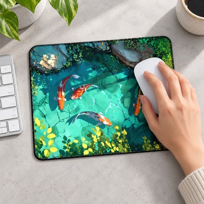 Main utilisant une souris blanche sur le tapis de souris carpe koï Koï Jardin.